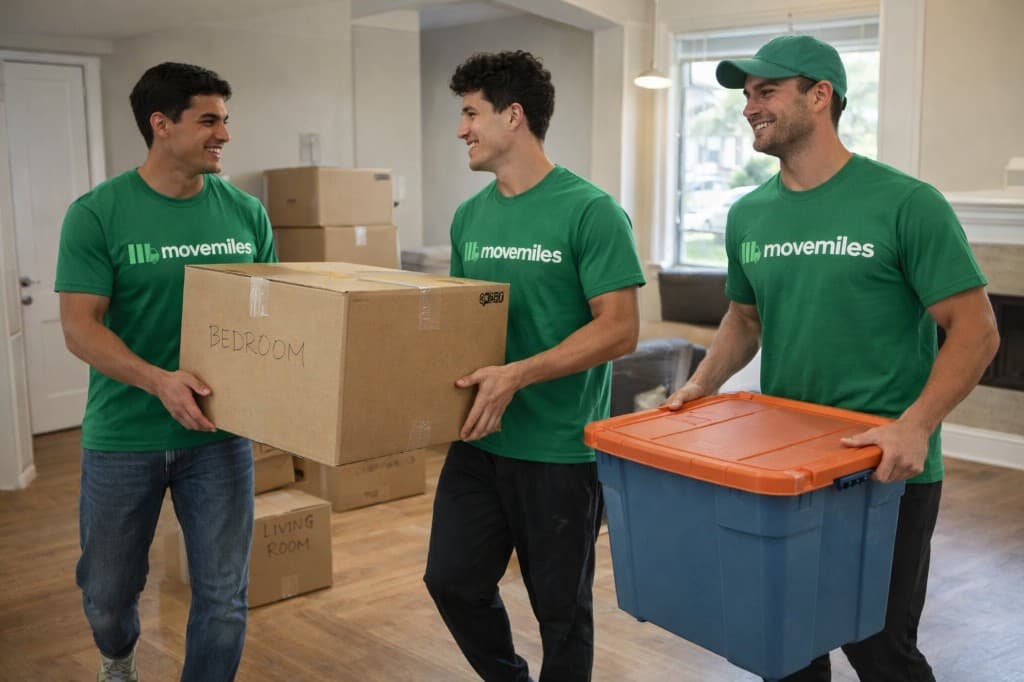 MoveMiles movers at work — team in green shirts carrying boxes