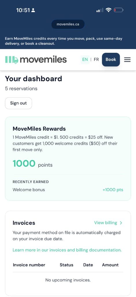MoveMiles customer dashboard - rewards points and invoices