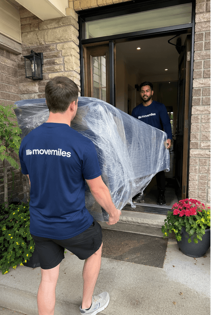 Movemiles crew carrying a shrink-wrapped sofa into a customer's home