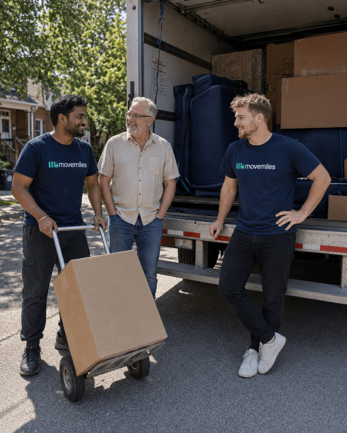 Movemiles crew talking with a customer beside the truck during a downsizing move