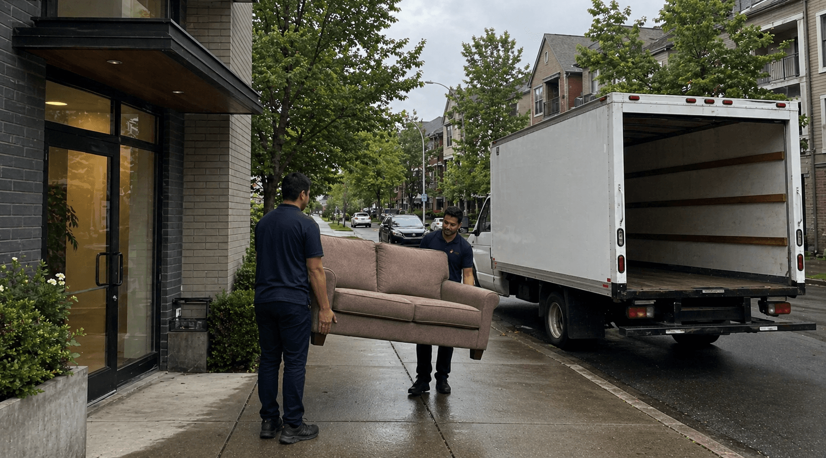 Movemiles crew loading a sofa into the truck on a residential street